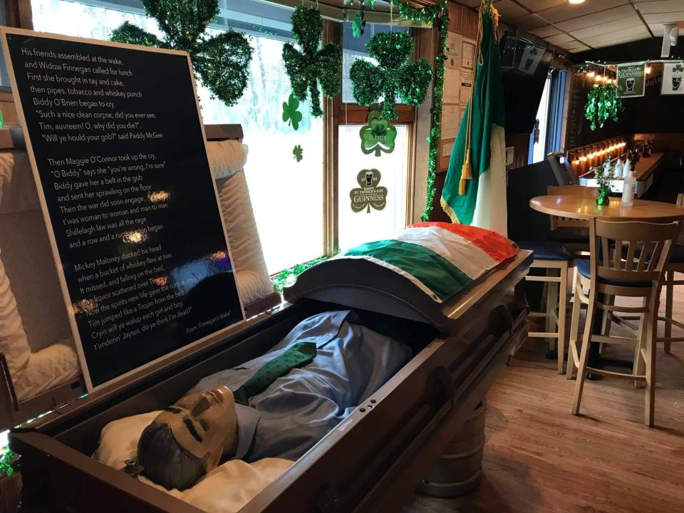 A re-enactment of "Finnegan's Wake," an Irish ballad that tells of an Irishman resurrected when mourners spill whiskey in his casket, takes place at Lighthouse Tavern in Waretown.