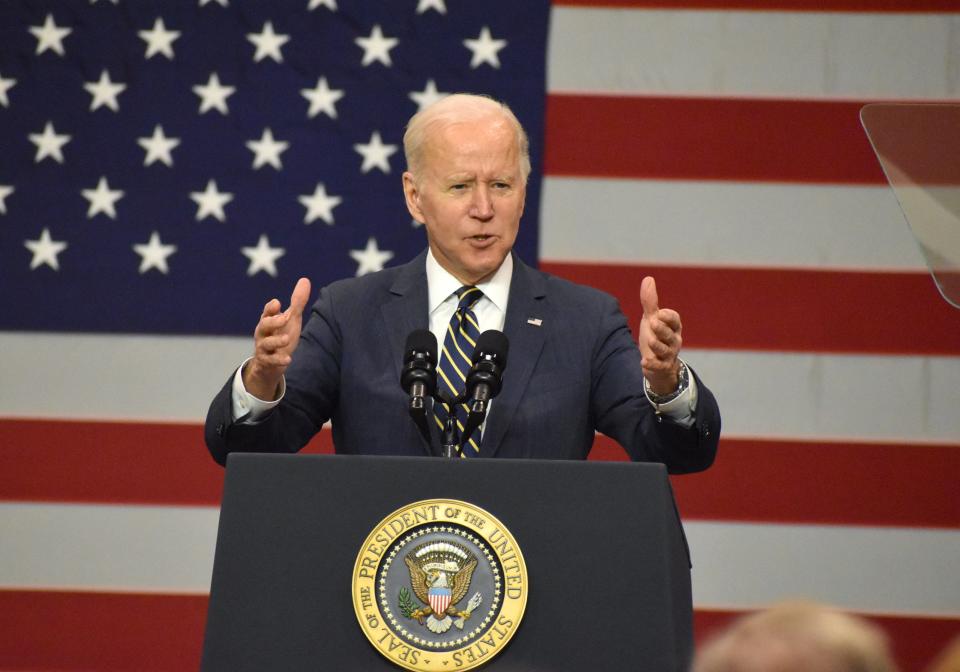 President Joe Biden speaks about the importance of infrastructure funding in Pittsburgh on Jan. 28, 2022, shortly after touring the site of a bridge collapse in Frick Park earlier in the day.