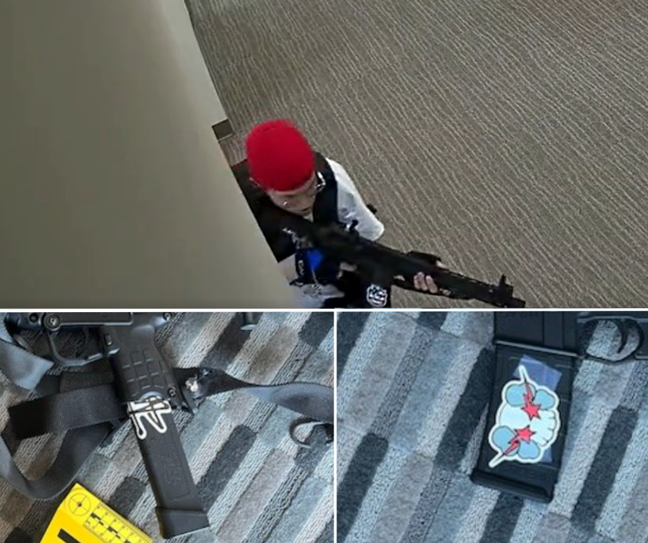 Top: Security footage shows the Spitfire logo on the magazine of the Grunt rifle. Left: The edge of the Stussy logo can be seen on the extended magazine of the KelTec SUB2000, as seen in photos released by Metro Police. Right: The KAWS logo is taped to the other side of the Grunt rifle, as seen in photos released by Metro Police.