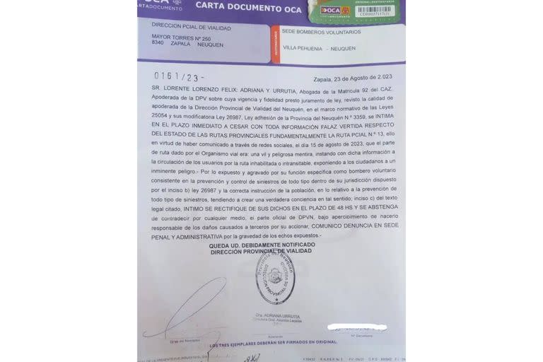 Carta documento al presidente de Bomberos Voluntarios de Villa Pehuenia de Vialidad provincial