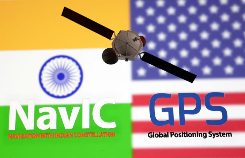 Illustration shows NavIC (Navigation with Indian Constellation) and GPS (Global Positioning System) logos