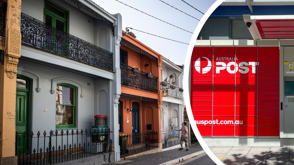 A composite image of townhouses in Paddington, which has one of the highest number of parcels delivered from online shopping purchases, and an Australia Post logo on parcel collection boxes. 