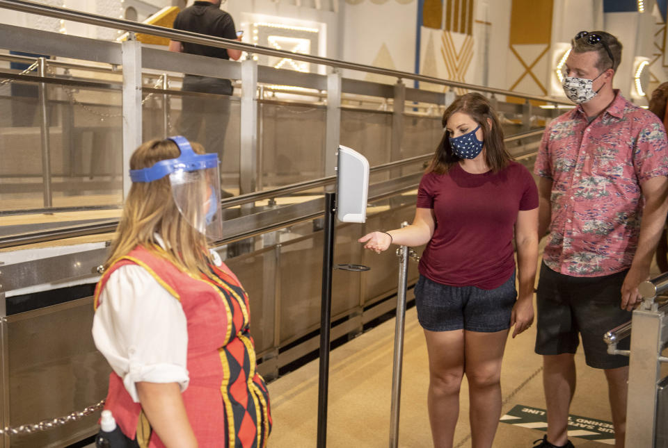 Guests are encouraged to use hand sanitizer stations that will be available throughout Walt Disney World Resort theme parks when the parks begin their phased reopening July 11, 2020, in Lake Buena Vista, Fla. (Disney/Kent Phillips)