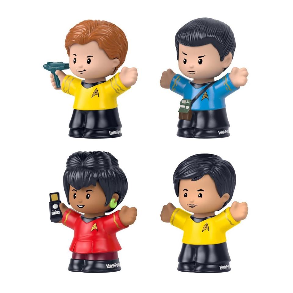 Fisher-Price Star Trek TOS Little People, Captain Kirk, Mister Spock, Lt. Uhura, and Lt. Sulu.