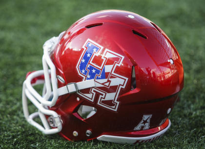 Oct 2, 2014; Houston, TX, USA; A Houston Cougars helmet on the field before a game against the Central Florida Knights at TDECU Stadium. (Troy Taormina-USA TODAY Sports)