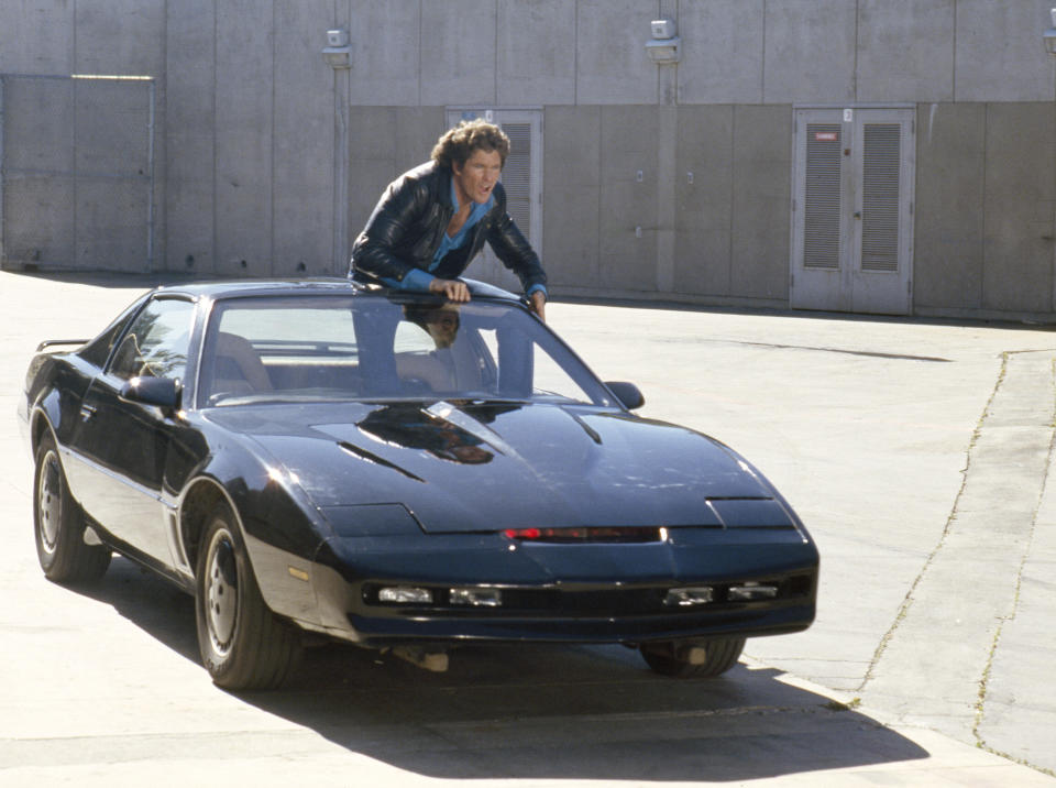 KNIGHT RIDER -- Pictured: David Hasselhoff as Michael Knight and K.I.T.T.  (Photo by NBCU Photo Bank/NBCUniversal via Getty Images via Getty Images)