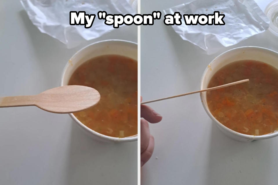 Two images showing a cup of soup. The left image has a wooden spoon, and the right image shows a long, thin stick held by a hand