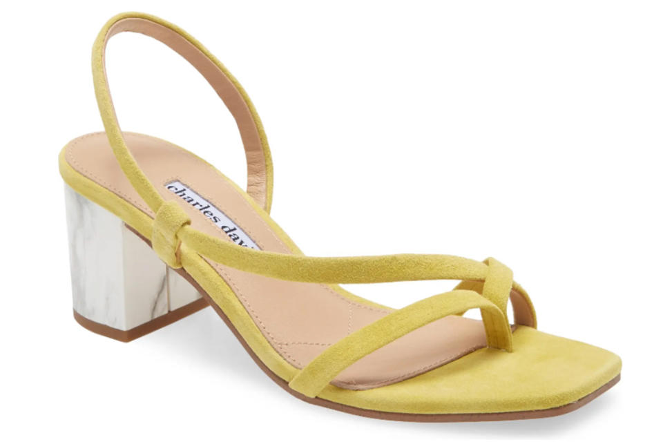 yellow heels, sandals, charles david