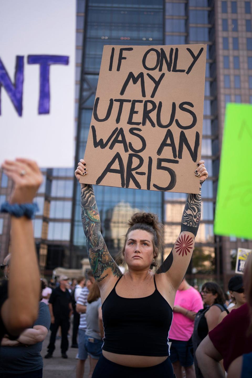 Jun 24, 2022; Columbus, OH, USA;  Zoe Benedict, 29, of the Short North, protests during an abortion rights rally at the Ohio State House, after the Supreme Court decision to overturn Roe v Wade. 