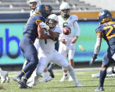 West Virginia linebacker Tony Fields II (1) breaks up the pass intended for Baylor running back Trestan Ebner (1) during an NCAA college football game, Saturday, Oct. 3, 2020, in Morgantown, W.Va. (William Wotring/The Dominion-Post via AP)