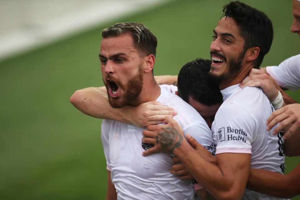 Inter Miami CF defender Leandro Gonzalez celebrates with teammates after scoring the game-winning goal against Orlando City during the second half of Saturday’s game in Fort Lauderdale. The win moved Miami into playoff contention.