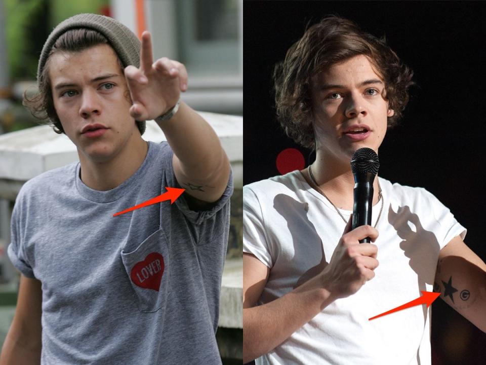 Red arrows pointing to a star tattoo on Harry Styles' left bicep.