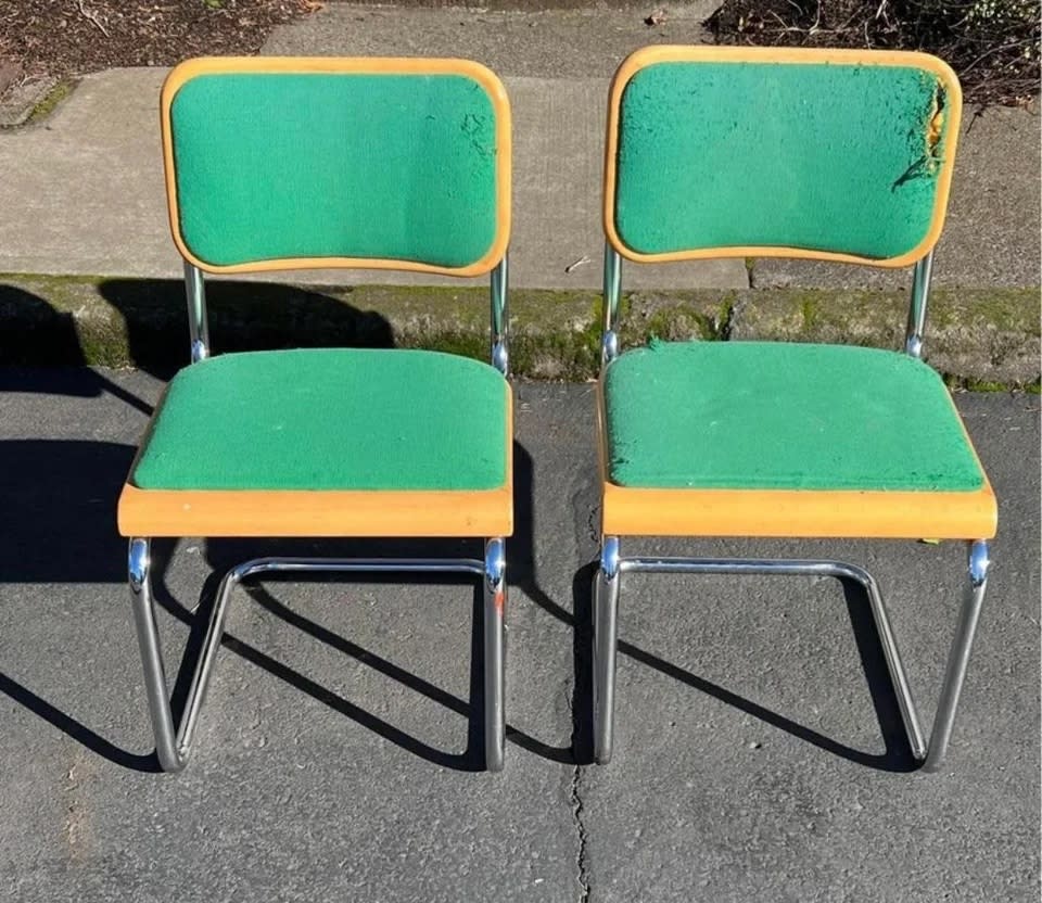 A before image of two vintage Cesca chairs that have ripped foam padding