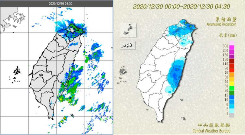 今（30日）晨4：30雷達降水回波合成圖顯示，東北風迎風面有弱降水回波（左）。4：30累積雨量圖顯示，桃園以北、東北部及東部有局部雨，北海岸及北部山區較明顯（右）。（圖／翻攝自「三立準氣象· 老大洩天機」專欄）