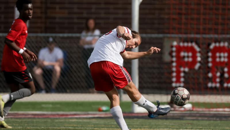 Mountain Ridge’s TJ Lightfoot scores a goal in a 6A boys soccer second round game against West in Salt Lake City on Tuesday, May 16, 2023.