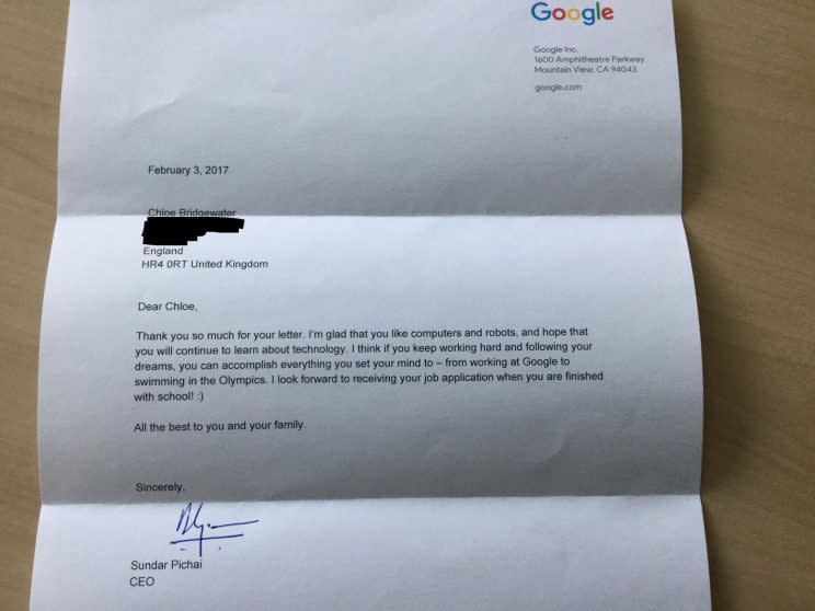 When seven-year-old Chloe Bridgewater said she wanted to work for Google, her dad Andy suggested she write to the tech giant asking for a job. 