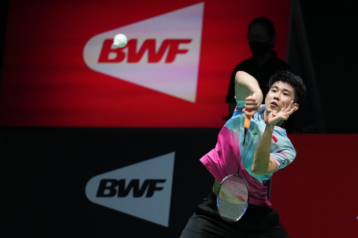 Singapore shuttler Loh Kean Yew smashes a shot at the 2022 BWF World Championships in Tokyo. 