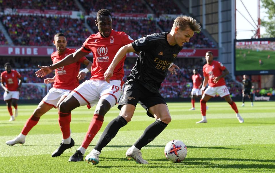 Moussa Niakhate steps out of defence to hound Martin Odegaard - David Price/Arsenal FC via Getty Images