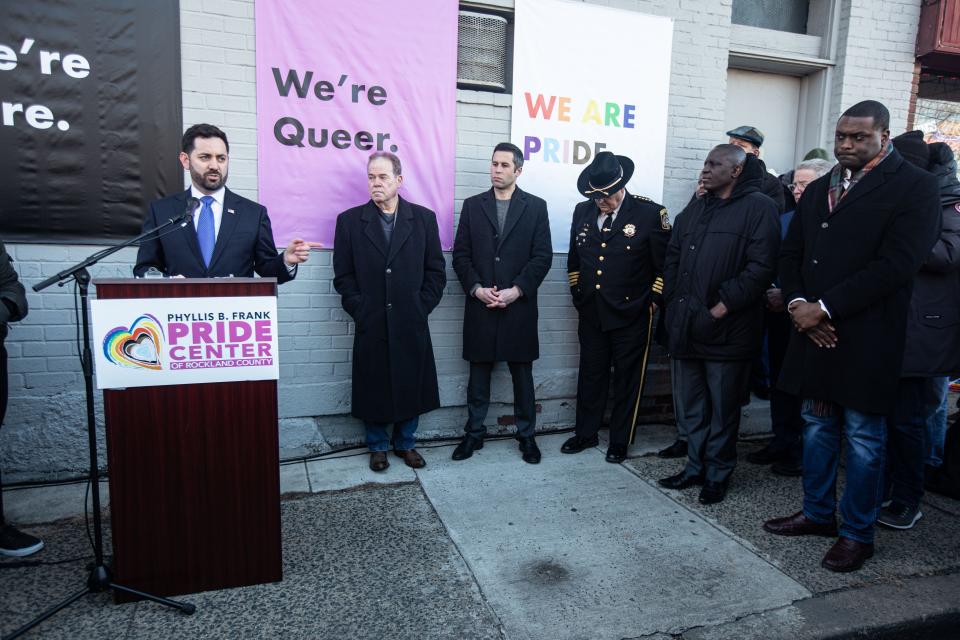 Congressman Mike Lawler speaks to hundreds outside the Phyllis B. Frank Rockland County Pride Center in Nyack Jan. 15, 2023 during a rally in support of the LGBTQ community. The rally was organized days after anti-gay graffiti was scrawled on the walls of the center. 