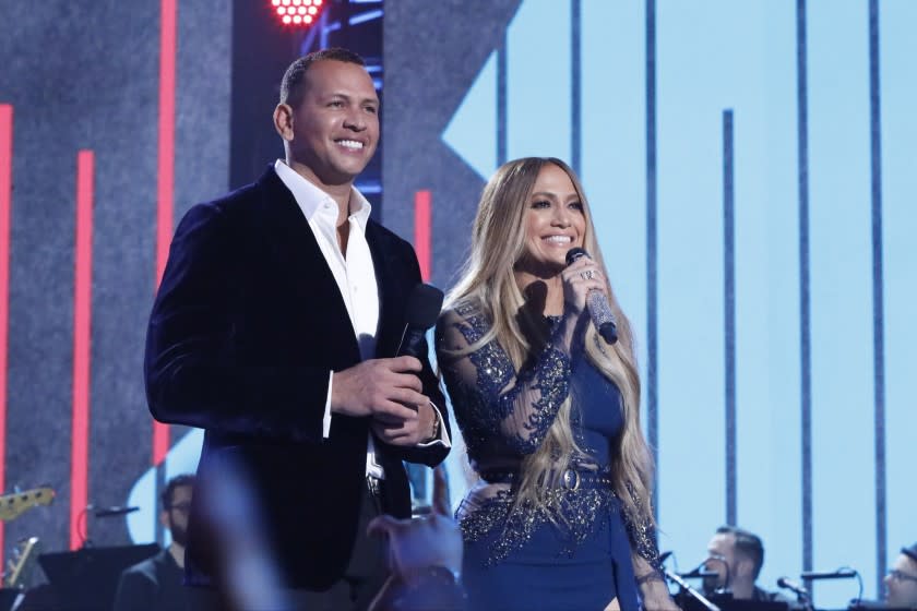 Alex Rodriguez and Jennifer Lopez during "One Voice: Soma Live! A Concert for Disaster Relief."