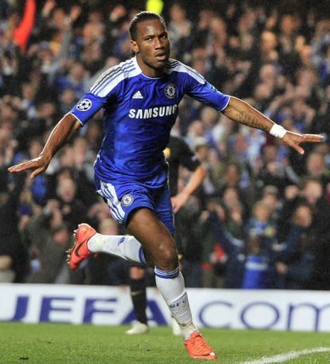 Chelsea's Ivorian forward Didier Drogba celebrates after scoring a goal during the EUFA Champions League semi-final first leg football match vs Barcelona at Stamford Bridge in London. Drogba scored the only goal as Chelsea stunned holders Barcelona to score a 1-0 upset victory