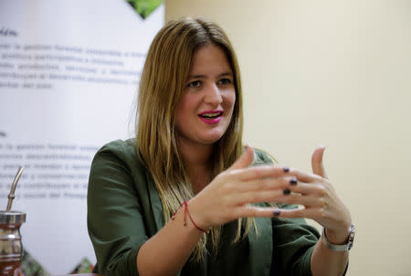 Cristina Goralewski, president of the country's National Forestry Institute, talks to Reuters, in San Lorenzo, Paraguay May 13, 2019. REUTERS/Jorge Adorno