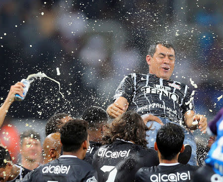 Soccer Football - Corinthians v Fluminense - Brazilian Championship - Arena Corinthians Stadium, Sao Paulo, Brazil - November 15, 2017. Head coach of Corinthians Fabio Carille celebrates after the match. REUTERS/Paulo Whitaker