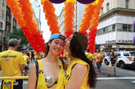 <p>Two young women share a moment before the start of the N.Y.C. Pride Parade in New York on June 25, 2017. (Photo: Gordon Donovan/Yahoo News) </p>