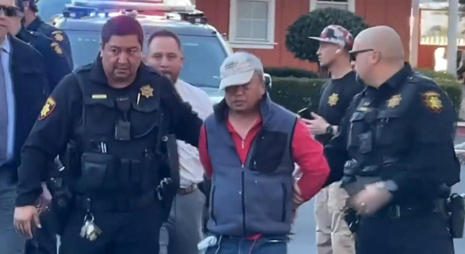 A suspect is taken into custody following shootings in Half Moon Bay, California, on Jan. 23, 2023, in which seven people were killed.  / Credit: CBS San Francisco