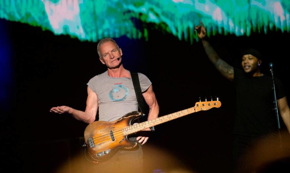 Sting waits for the audience to sing back his lyrics to the Police song “Message in a Bottle” at the Hard Rock Live Sacramento near Wheatland on Wednesday night.