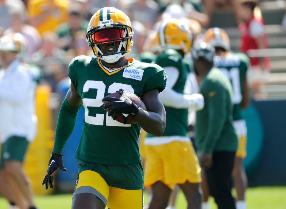Green Bay Packers cornerback Shemar Jean-Charles (22) carries the ball during training camp Wednesday, August 10, 2022, at Ray Nitschke Field in Green Bay, Wis. Dan Powers/USA TODAY NETWORK-Wisconsin