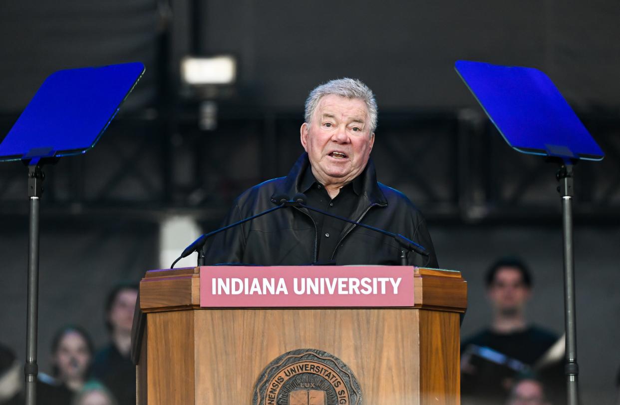 William Shatner speaks during the Hoosier Cosmic Celebration at Memorial Stadium on Monday, April 8, 2024.