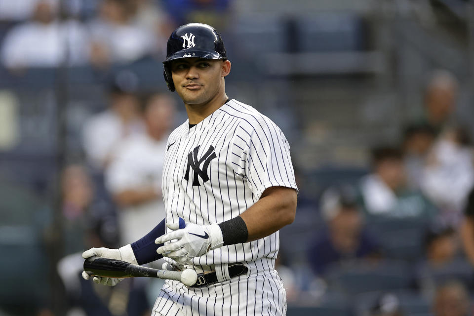 New York Yankees' Jasson Dominguez reacts to striking out against the Milwaukee Brewers during the seventh inning of a baseball game Saturday, Sept. 9, 2023, in New York. (AP Photo/Adam Hunger)