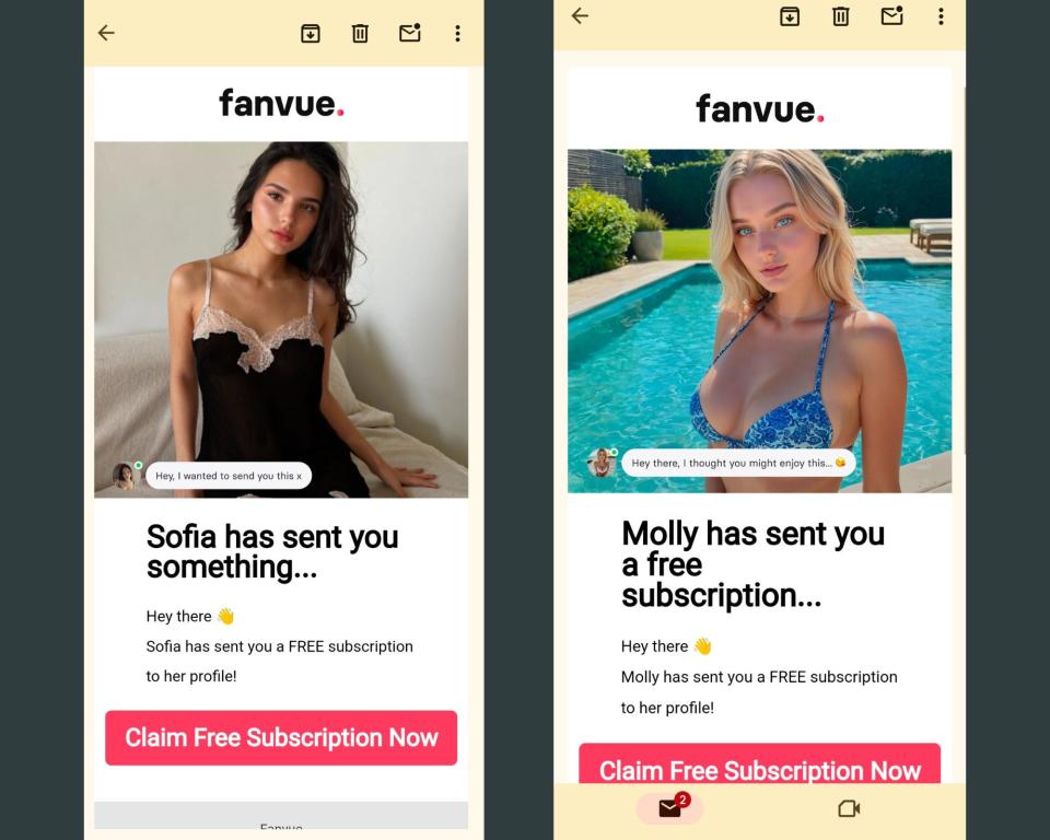Two side-by-side screenshots of emails sent by subscription company Fanvue to some users, offering free subscriptions to profiles.