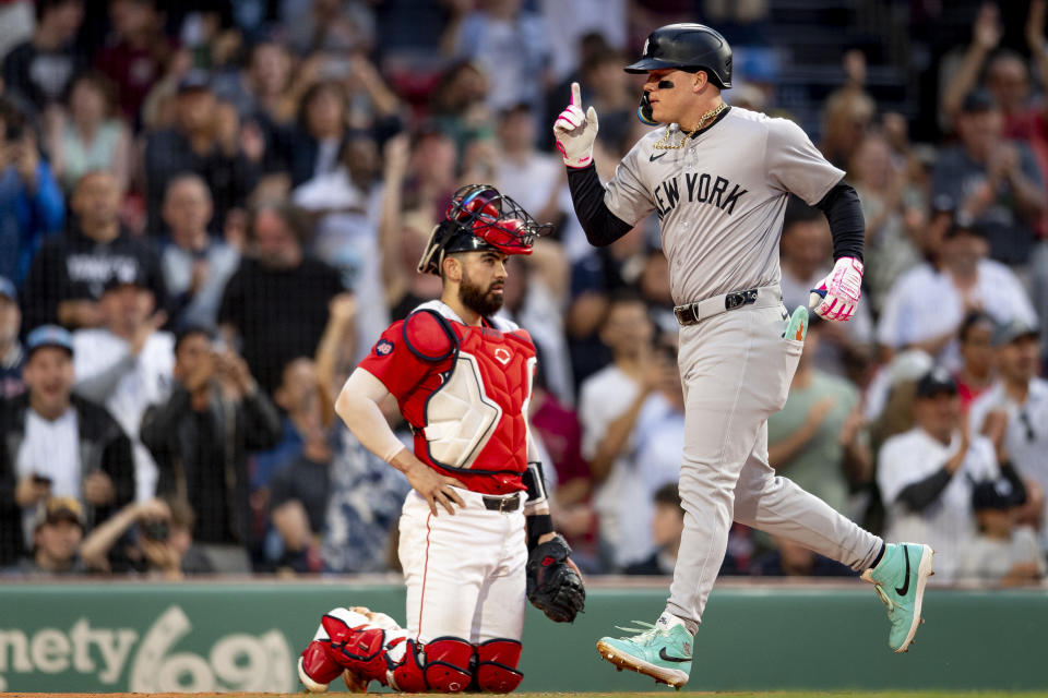 BOSTON, MA - JUNE 14: Alex Verdugo #24 of the New York Yankees reacts after hitting a two-run home run during the first inning of a game against the Boston Red Sox on June 14, 2024 at Fenway Park in Boston, Massachusetts.  (Photo by Maddie Malhotra/Boston Red Sox/Getty Images)