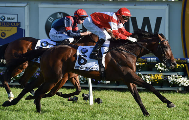 Mongolian Khan wins the Caulfield Cup defeating Trip to Paris and Our Ivanhowe running third.