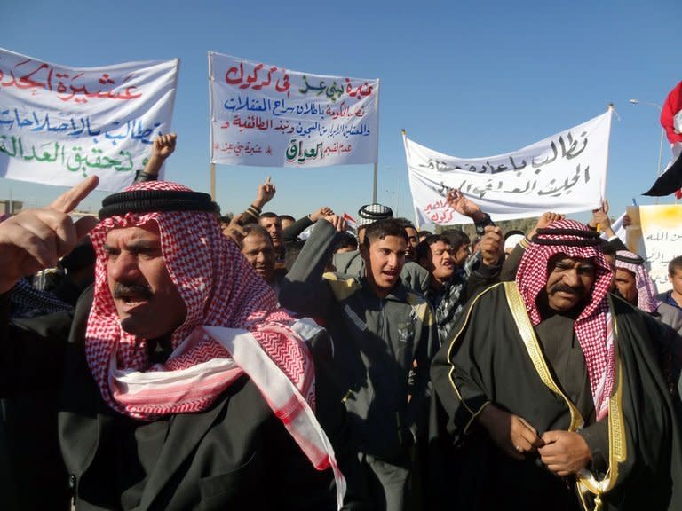 Sunni Muslims rally in Kirkuk on Friday to criticise Iraq's premier and demand the release of prisoners they say are wrongfully held. Thousands of Sunnis demonstrated across Iraq, in the latest of nearly two weeks of rallies