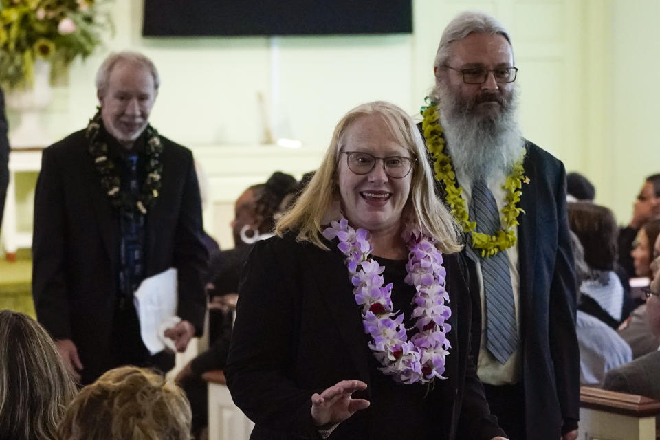 Amy Carter and her husband John Joseph "Jay" Kelly depart after the funeral service for former first lady Rosalynn Carter at Maranatha Baptist Church, Wednesday, Nov. 29, 2023, in Plains, Ga. The former first lady died on Nov. 19. She was 96. At left is Jeff Carter. (AP Photo/Alex Brandon, Pool)