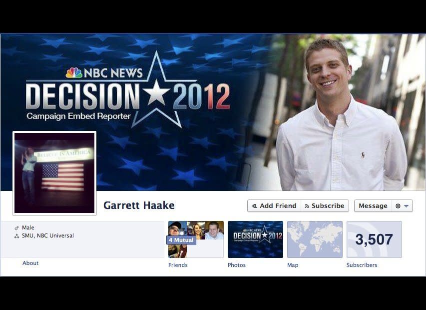 Mitt Romney Campaign Embed Reporter at NBC News <a href="http://www.facebook.com/ghaake" target="_hplink">http://www.facebook.com/ghaake</a>