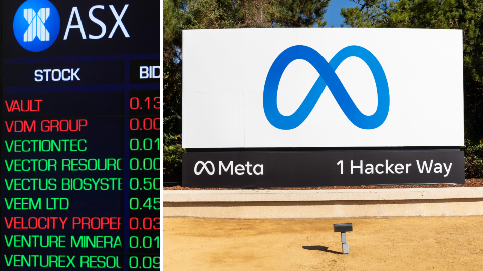 The ASX board showing price changes and the new logo at 1 Hacker Way showing the Facebook rebrand to Meta.