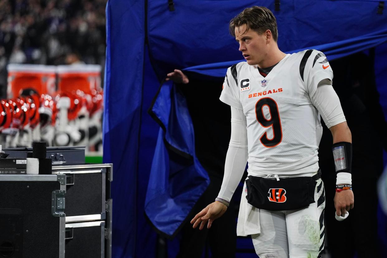 Bengals quarterback Joe Burrow outside of the medical tent