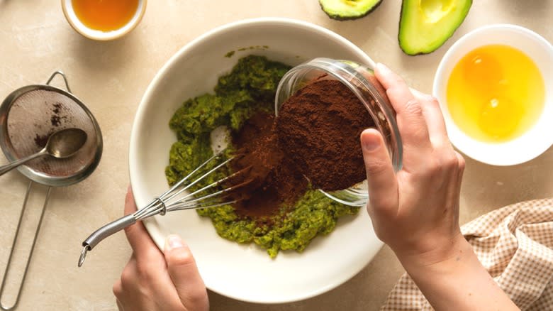 avocado in baking bowl with cookie ingredients