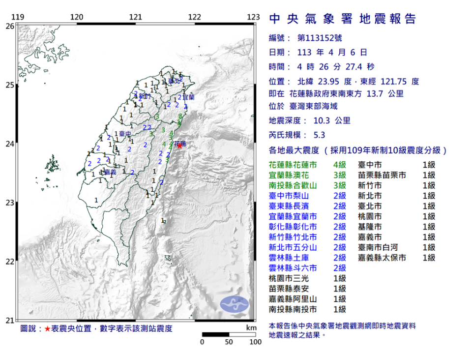 台灣東部海域規模5.3「極淺層地震」。（圖取自氣象署網頁）