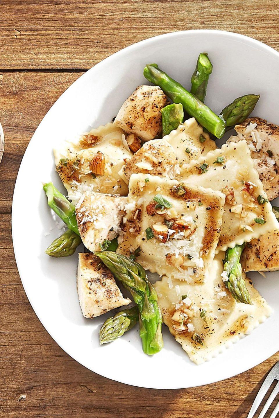 <p>Make store-bought butternut squash ravioli your own by adding asparagus and seared chicken.</p><p><strong><a href="https://www.countryliving.com/food-drinks/recipes/a44277/butternut-squash-ravioli-seared-chicken-recipe/" rel="nofollow noopener" target="_blank" data-ylk="slk:Get the recipe for Butternut Squash Ravioli with Seared Chicken" class="link ">Get the recipe for Butternut Squash Ravioli with Seared Chicken</a>.</strong></p>
