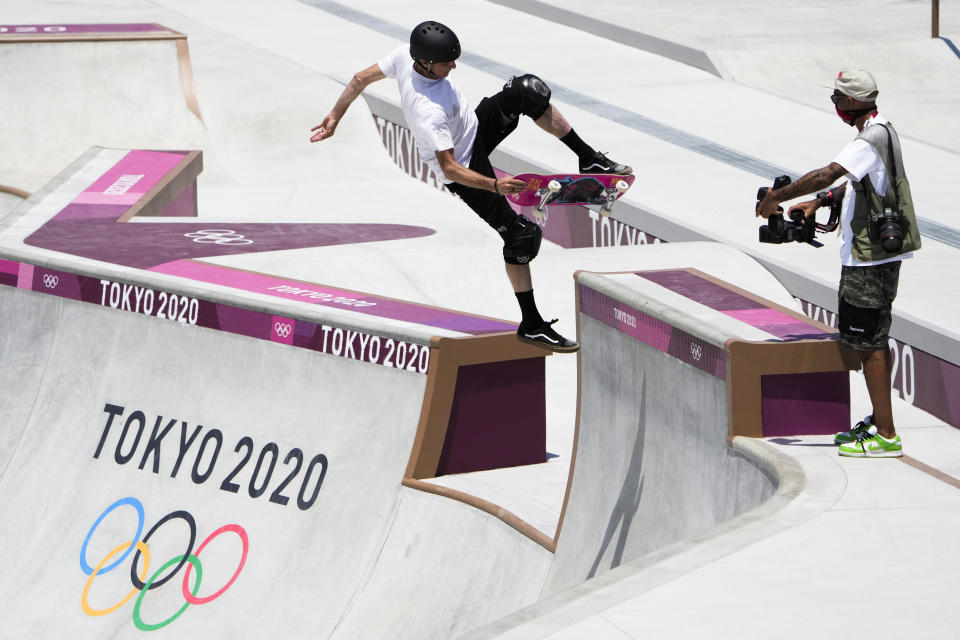 Tony Hawk who is not a competitor, tries out the skate park at the 2020 Summer Olympics, Friday, July 23, 2021, in Tokyo, Japan. (AP Photo/Markus Schreiber)