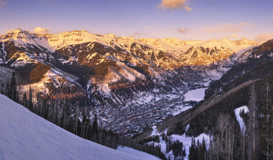 An aerial view of Telluride, Colorado, at sunset