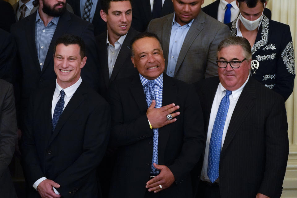 Los Angeles Dodgers manager Dave Roberts reacts during an event to honor the 2020 World Series champion Los Angeles Dodgers baseball team at the White House, Friday, July 2, 2021, in Washington. (AP Photo/Julio Cortez)