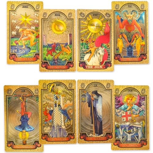 KIINO Tarot Cards 78 Luxury Gold foil Tarot Deck with Guide Book Tarot PVC Durable Waterproof Wrinkle Resistant Tarot Cards for Beginners and Professional Player Tarot Deck with Box Tarot Gold Plated