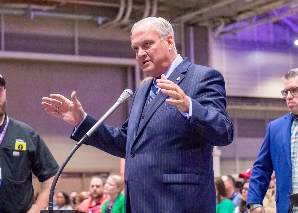 Dr Albert Mohler speaking at the Southern Baptist Convention at the New Orleans Ernest N Morial Convention Center. Tuesday, June 13, 2023.