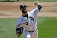 Chicago White Sox starting pitcher Dallas Keuchel throws the ball against the Minnesota Twins during the first inning of a baseball game in Chicago, Saturday, July 25, 2020. (AP Photo/Nam Y. Huh)